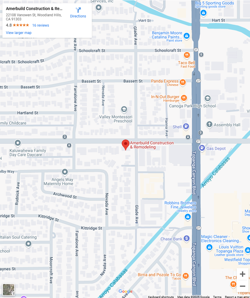 Amerbuild patio & deck service area map covering Los Angeles, Altadena, Pacific Palisades, Woodland Hills, Santa Monica, Brentwood, and Malibu